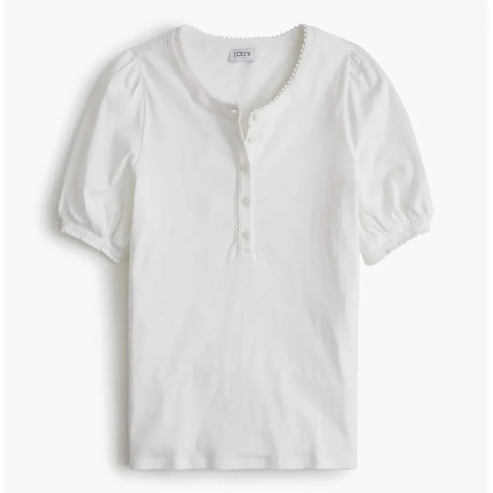 J.Crew Smocked Henley Knit Top Short Puff Sleeve Cotton Cottage White Small NWT